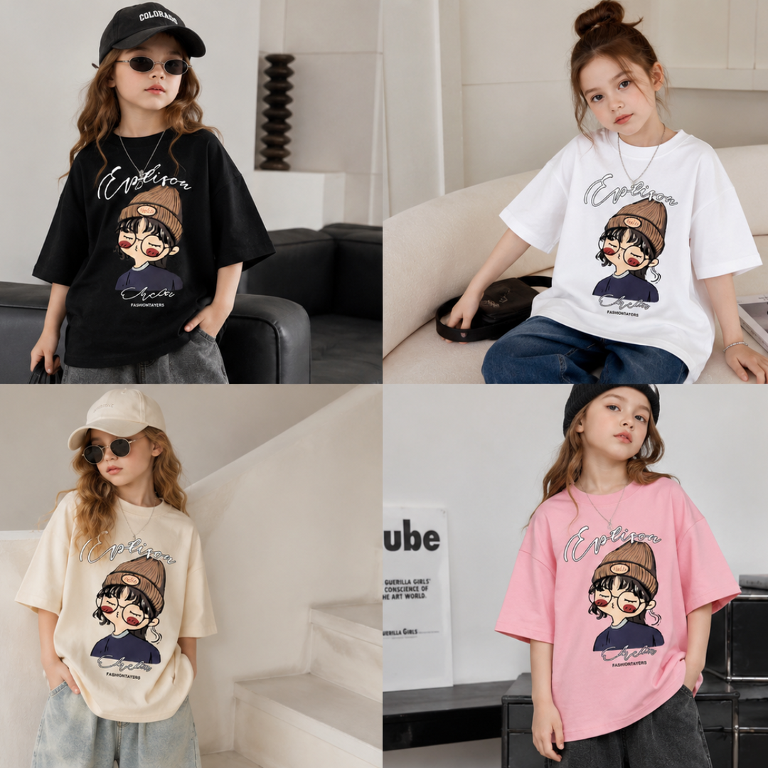 Four girls modeling oversized cartoon T-shirts in black, white, apricot, and pink