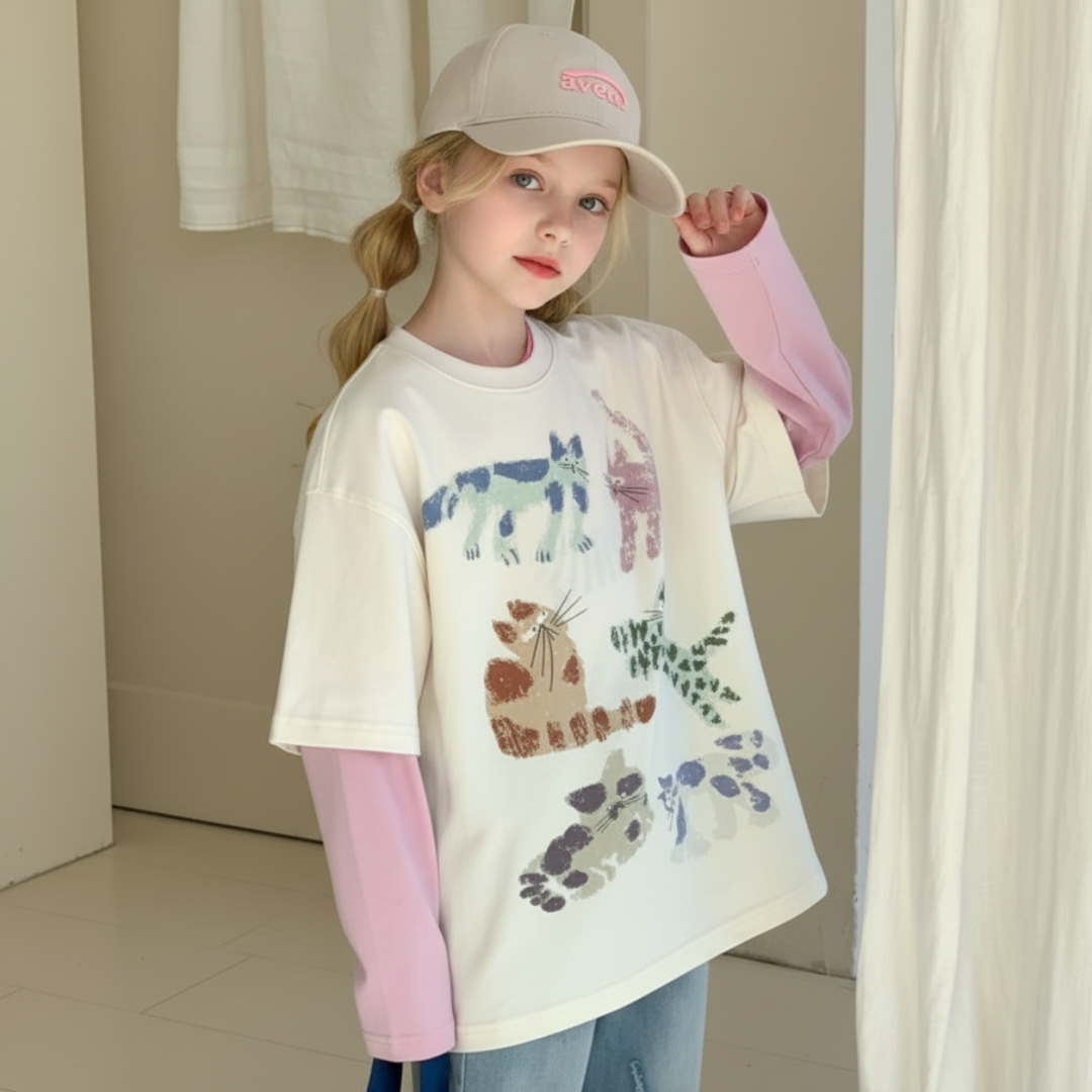 Girl adjusting her cap while wearing the colorful cat-print top with pink sleeves
