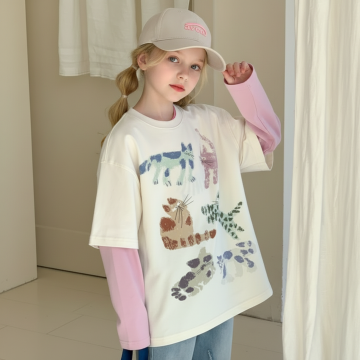 Girl adjusting her cap while wearing the colorful cat-print top with pink sleeves