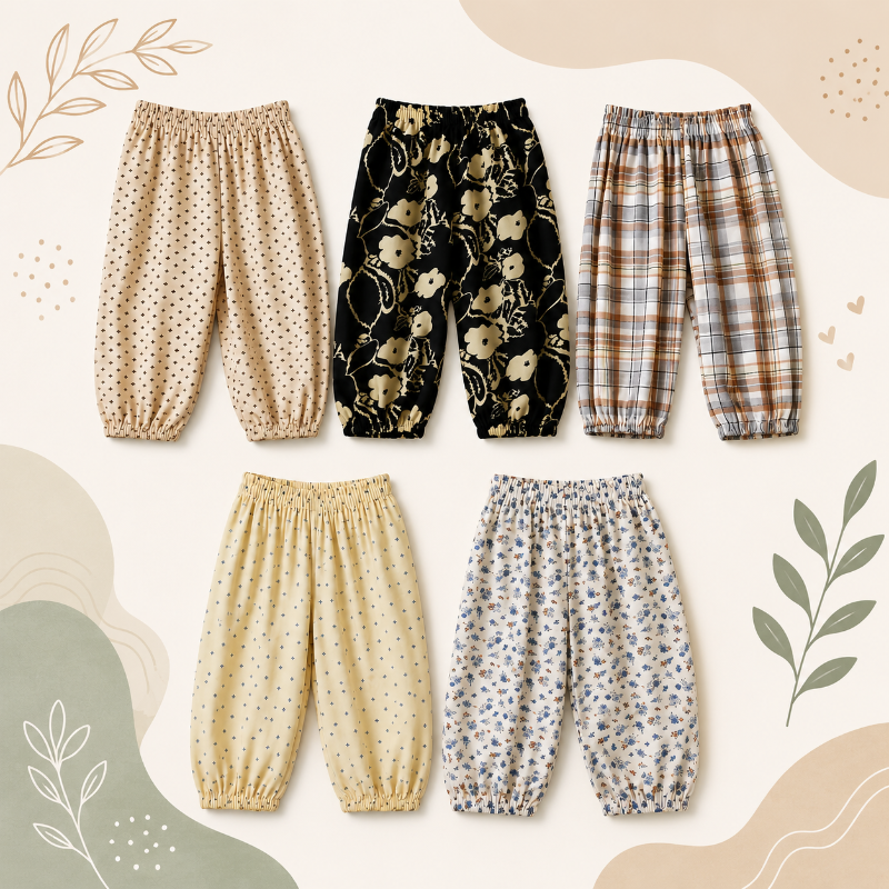 Five pairs of girls' harem pants in small prints, black botanical, checks, yellow, and blue floral.