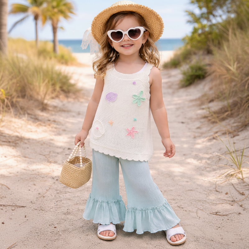 Girl wearing a cream appliqué knit top and pale green ruffle pants on a sandy beach path