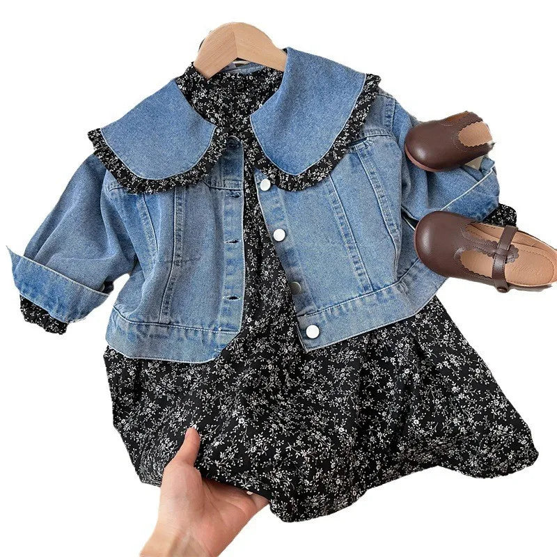 Blue denim jacket and black floral dress shown as a coordinated outfit