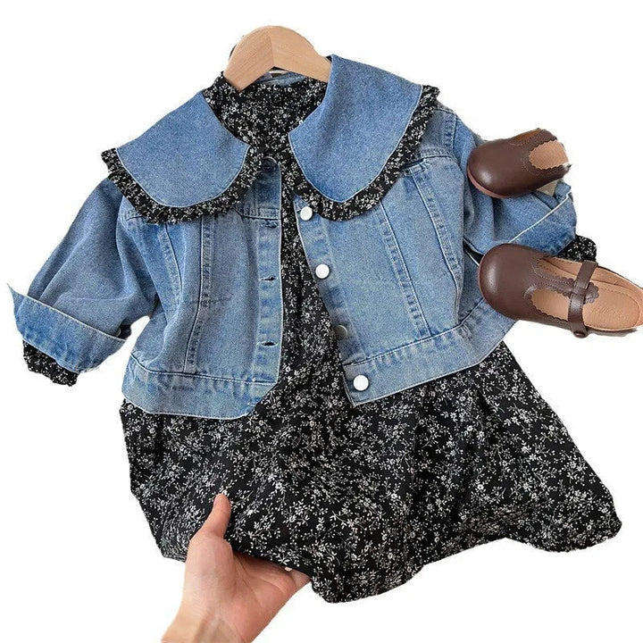 Blue denim jacket and black floral dress shown as a coordinated outfit