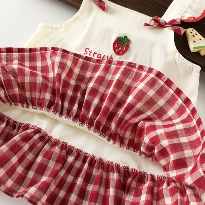 Red gingham skirt lifted to show the dress&