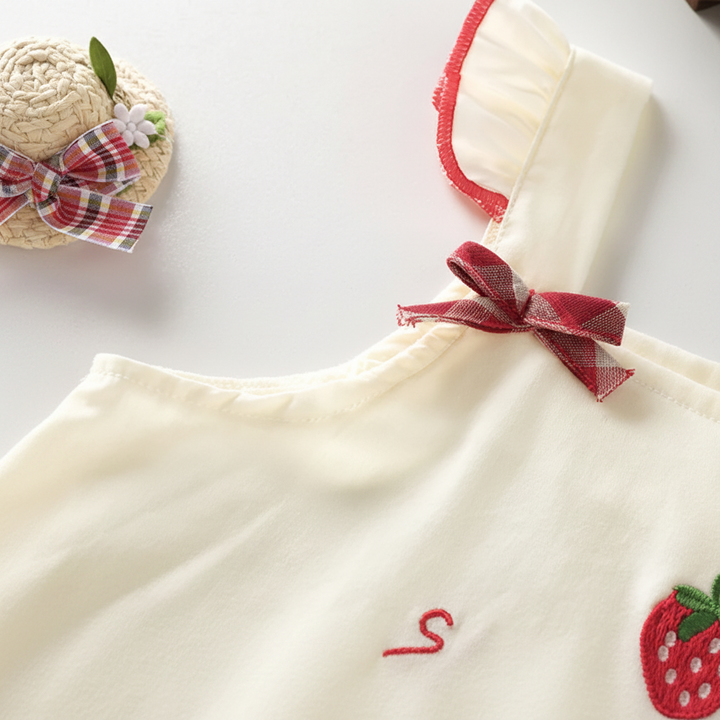 Close-up of a ruffled shoulder strap with red edging and a gingham bow