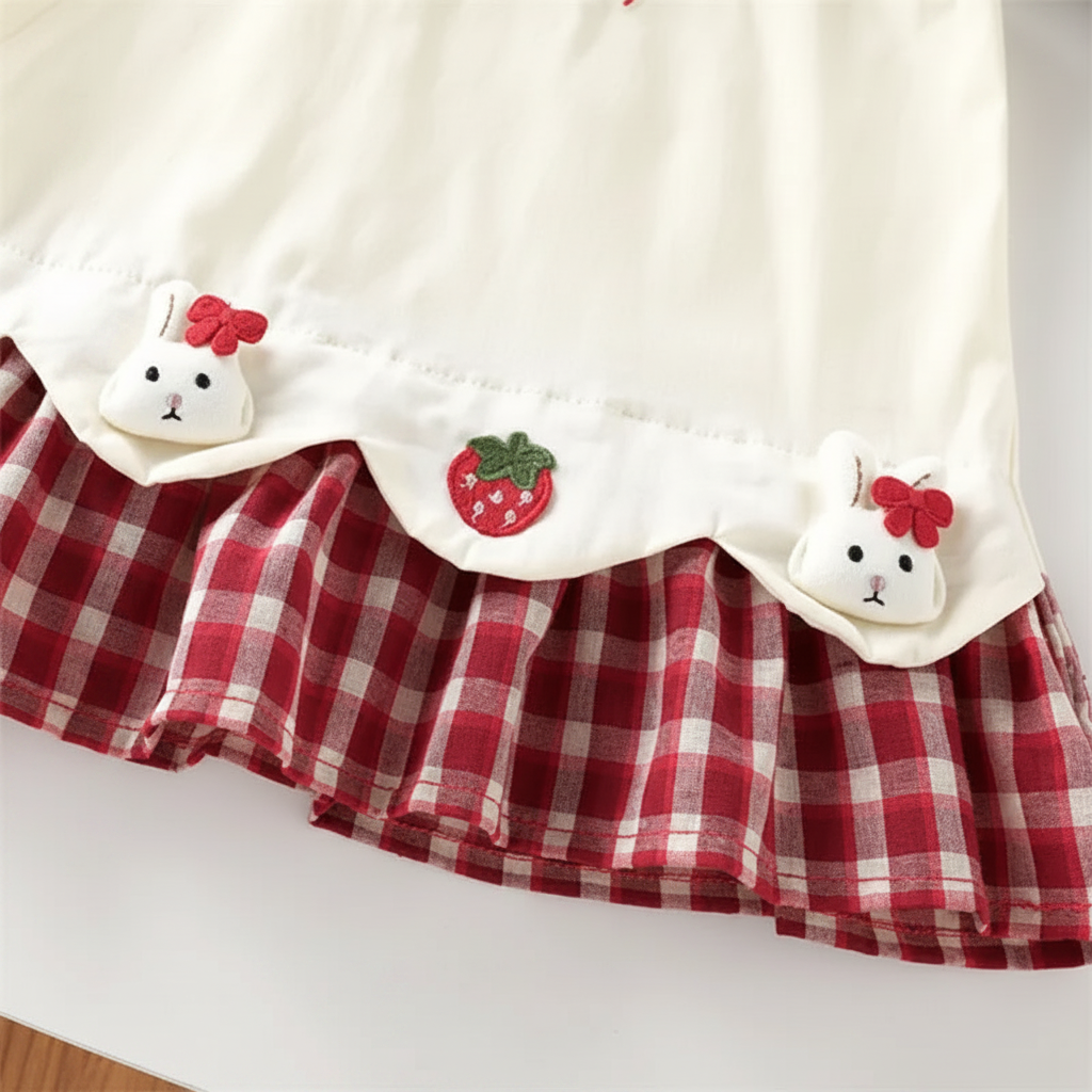 Scalloped hem with bunny and strawberry accents above the red gingham skirt