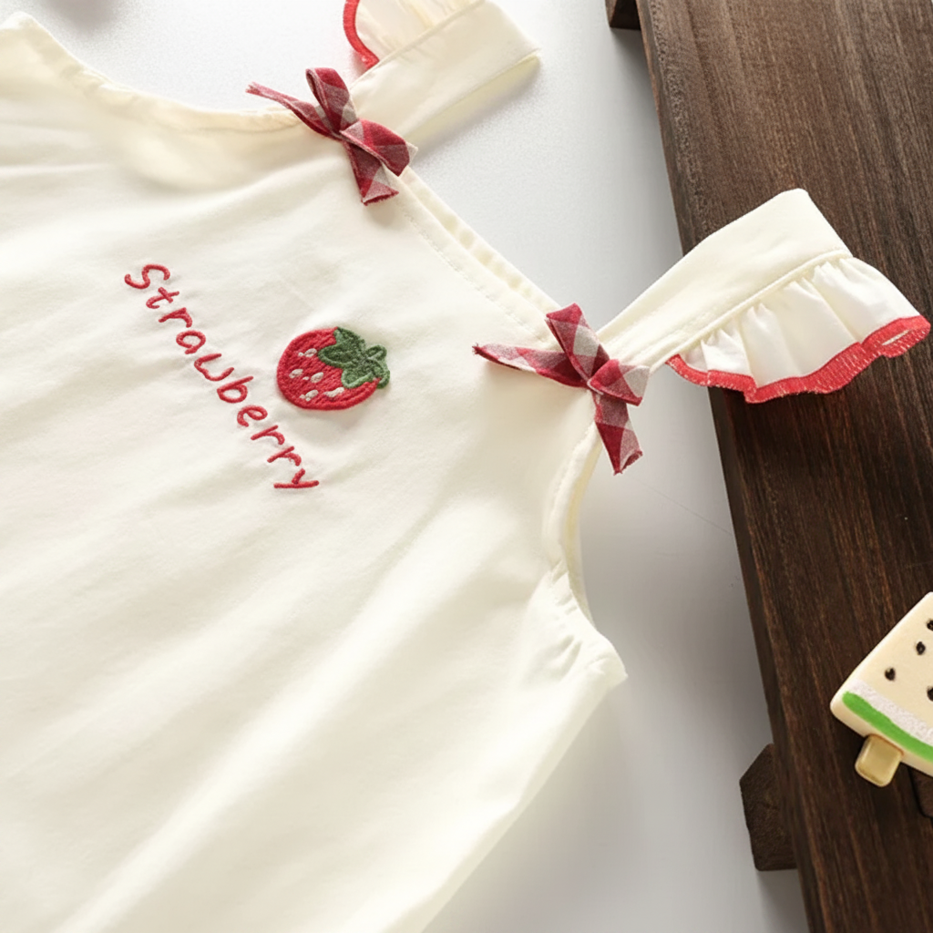 Square neckline, gingham bows and ruffled straps on the cream dress