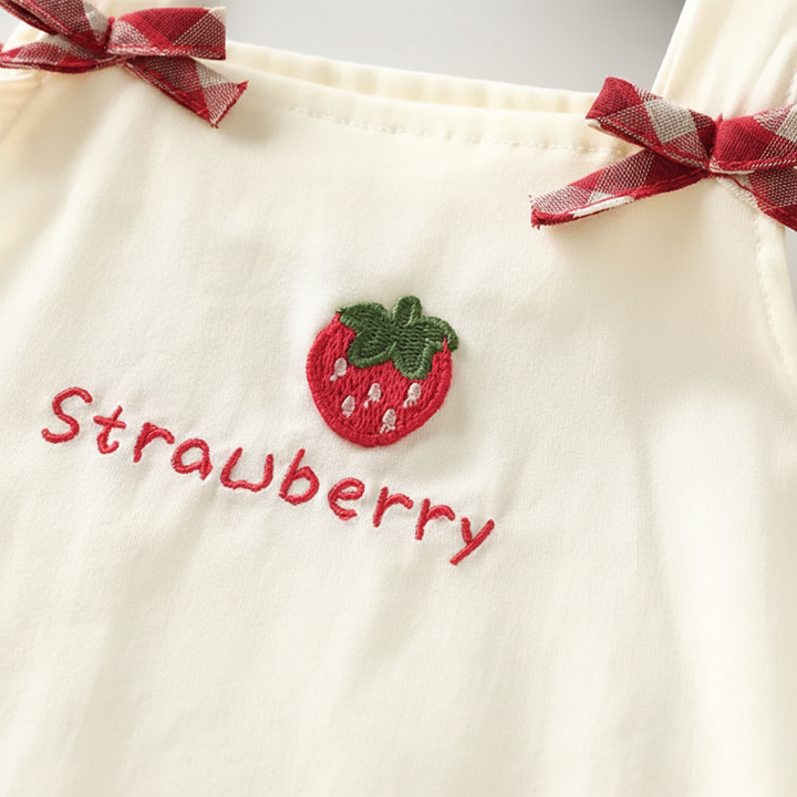 Strawberry embroidery and red lettering below the square neckline