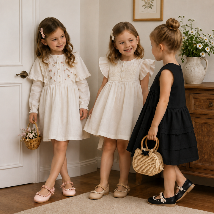 Three girls wearing pink, apricot, and black bow Mary Jane shoes with dresses