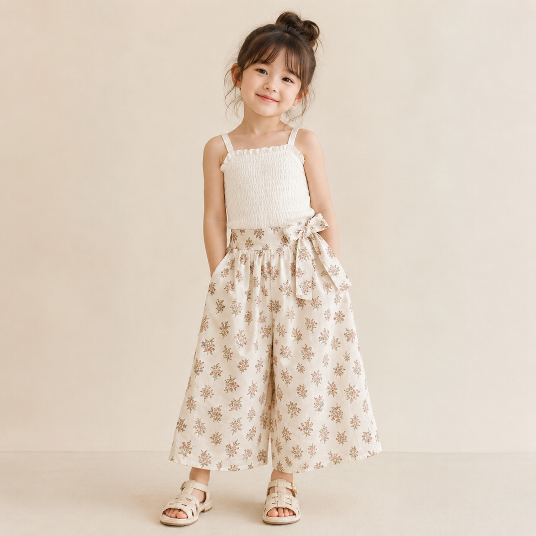 Girl wearing cream floral wide-leg pants with a waist bow and a white sleeveless top