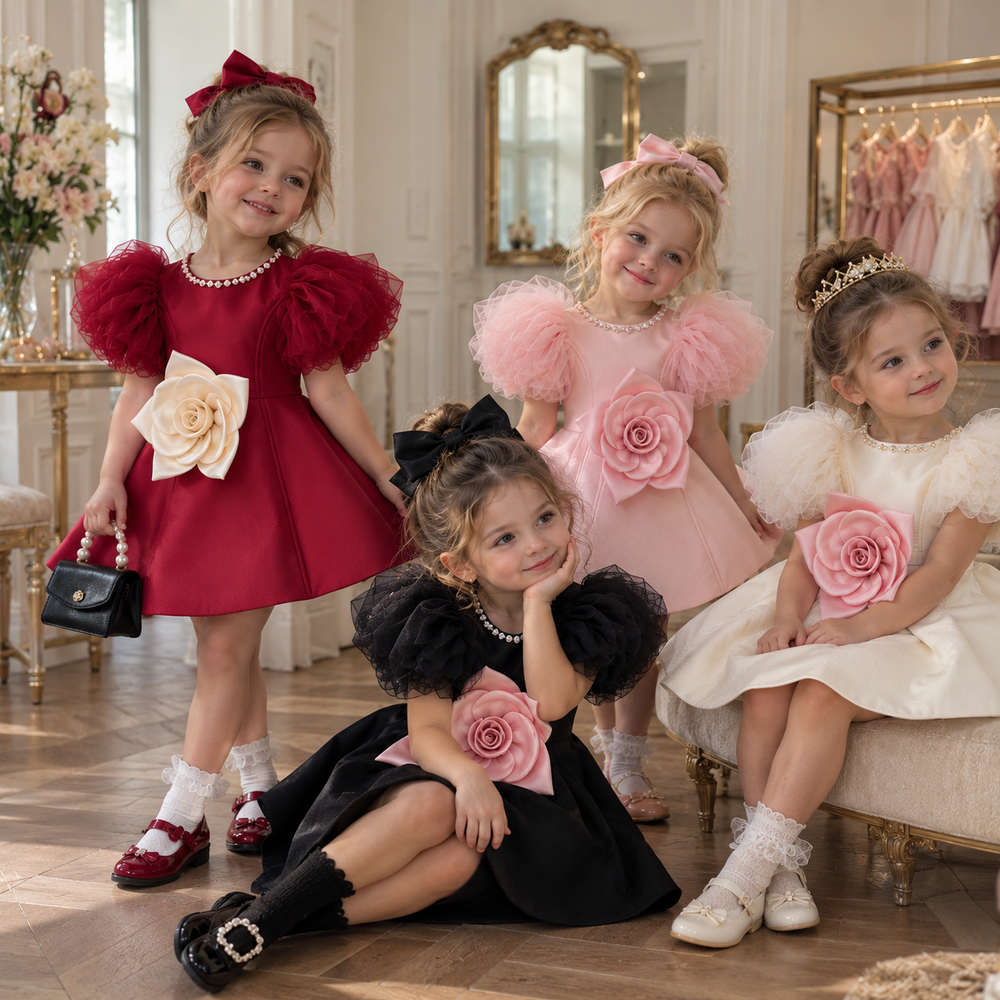 Four girls wearing red, pink, cream and black flower dresses with puff sleeves