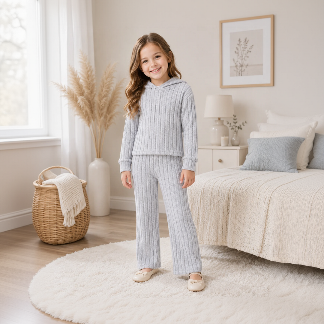 Girl wearing a gray ribbed hooded tracksuit with flared pants in a bedroom.
