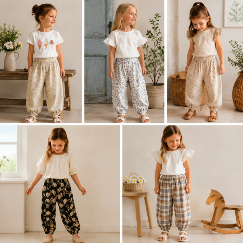 Girls modeling loose harem pants with light-colored tops in a five-outfit collage.