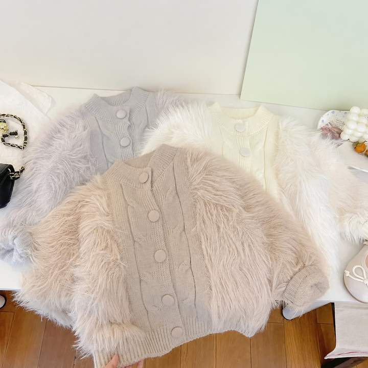 Beige button-front knit coat displayed in front of the gray and white color options.
