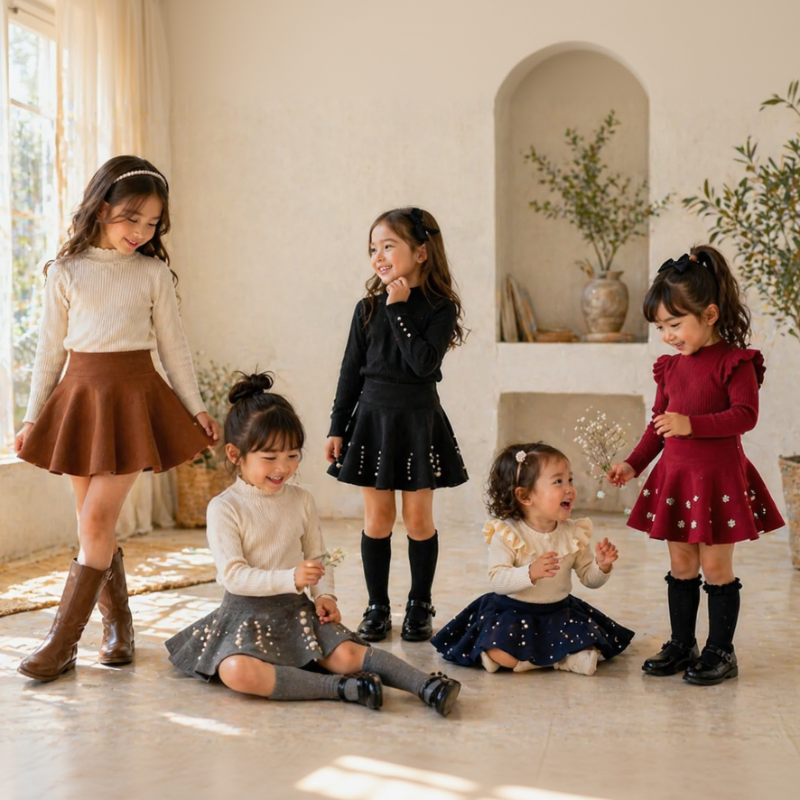 Girls wearing knit skirts styled with sweaters, tops, and boots