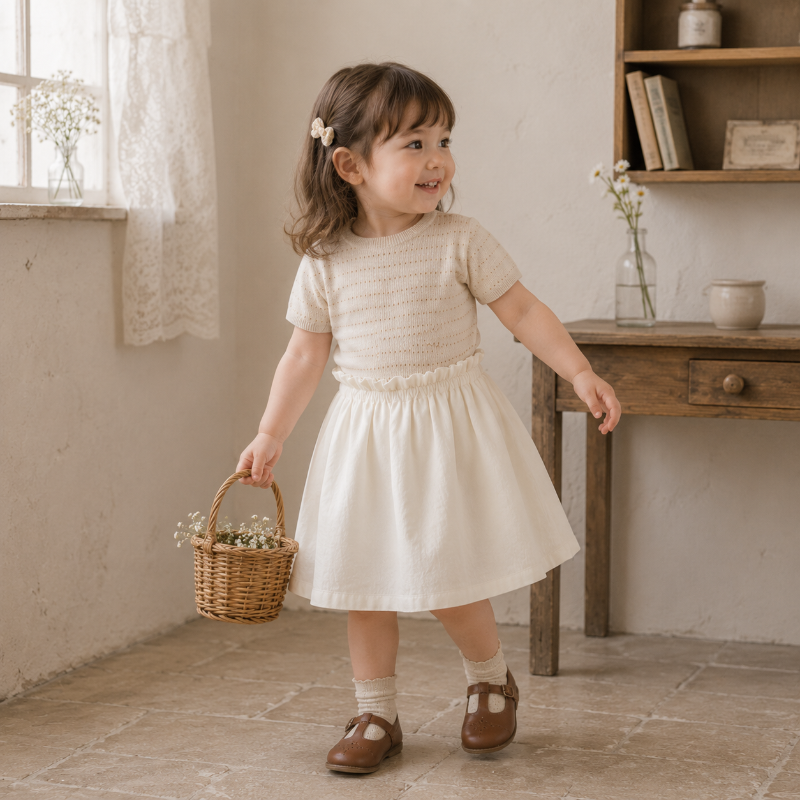 Girl wearing a beige short-sleeve knit top and white flared skirt