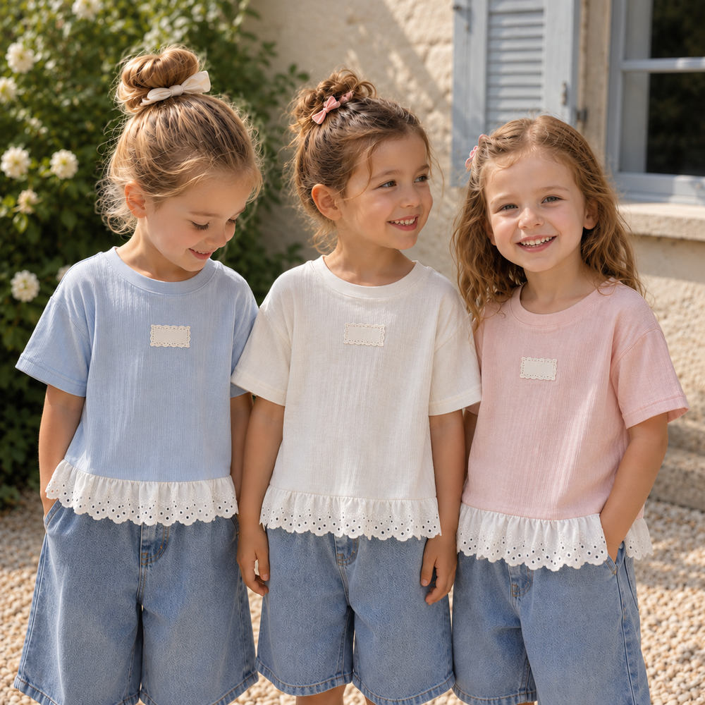 Girls wearing blue, white, and pink lace-hem T-shirts with denim shorts outdoors.