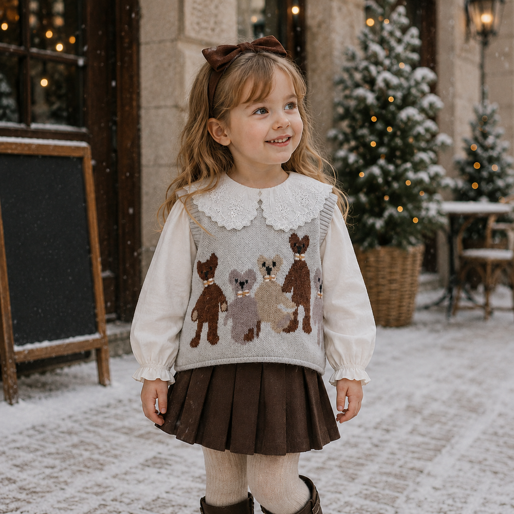 Girl wearing the animal-pattern knit vest, white collared blouse and brown skirt outdoors
