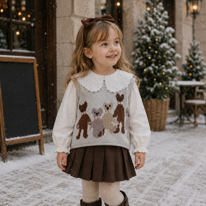 Girl wearing the animal-pattern knit vest, white collared blouse and brown skirt outdoors