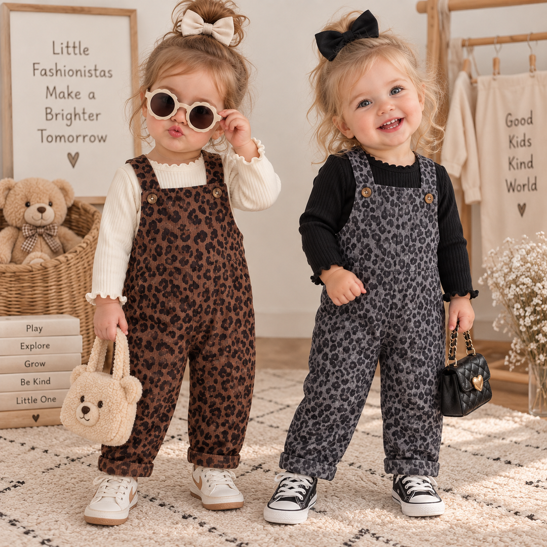 Two girls wearing brown and gray leopard print overalls over cream and black long-sleeve tops