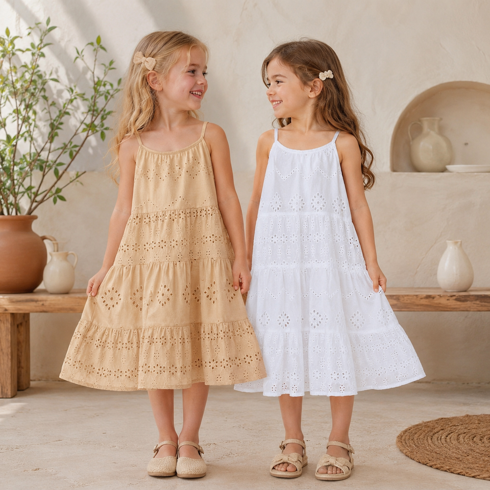 Two girls wearing brown and white cotton eyelet dresses with tiered skirts