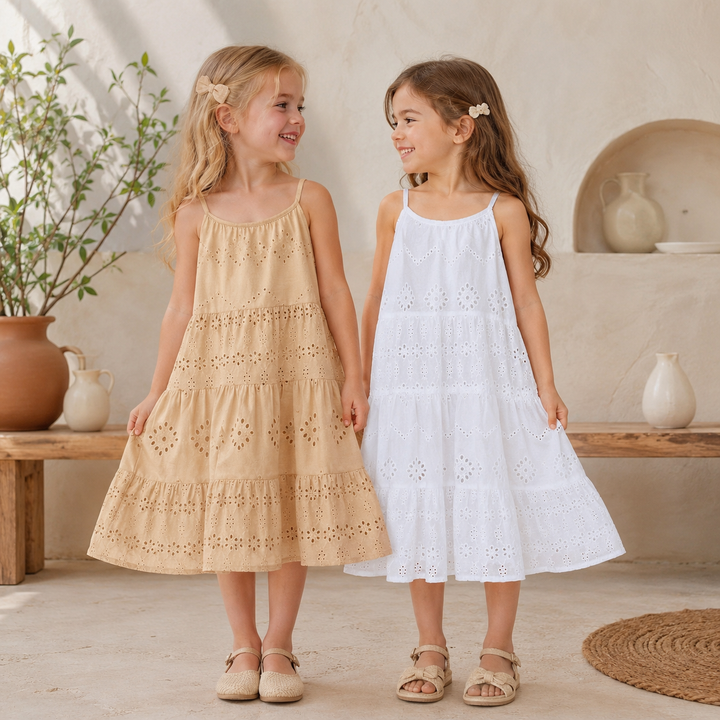 Two girls wearing brown and white cotton eyelet dresses with tiered skirts