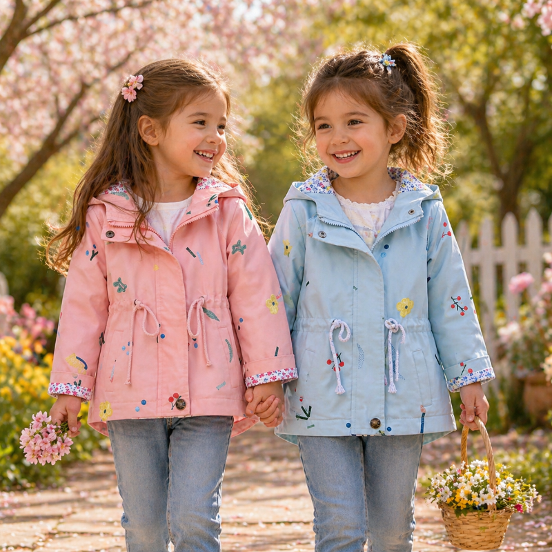 Two girls wearing pink and blue hooded windbreaker jackets on a garden path