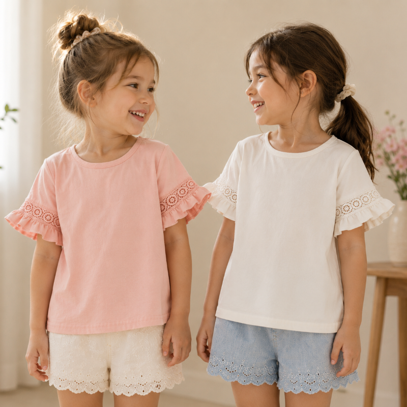 Two girls wearing pink and white cotton tops with lace-trimmed bell sleeves