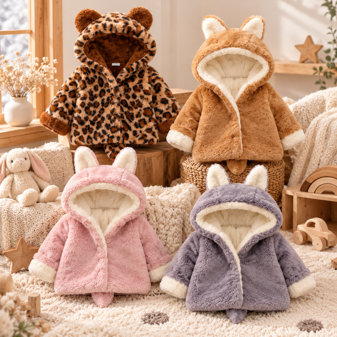 Girls' plush hooded jackets in brown, pink, gray and leopard print displayed together indoors