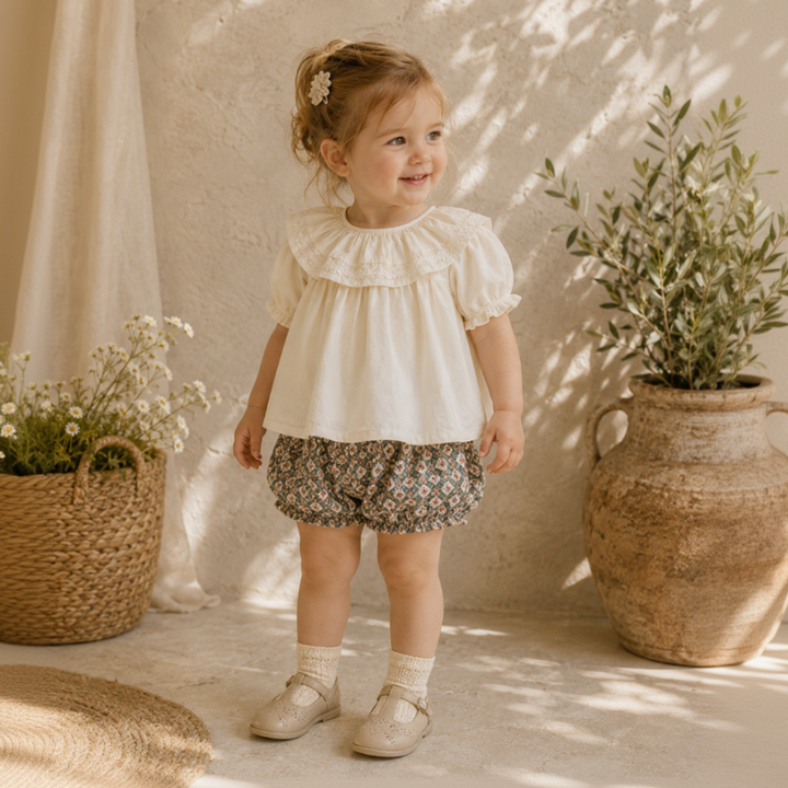 Girl wearing the ivory ruffle collar blouse with patterned shorts