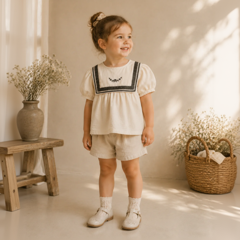 Girl wearing a cream sailor-collar blouse with light shorts