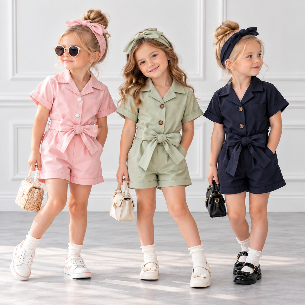 Three girls wearing pink, green and navy short-sleeve rompers with bow waists