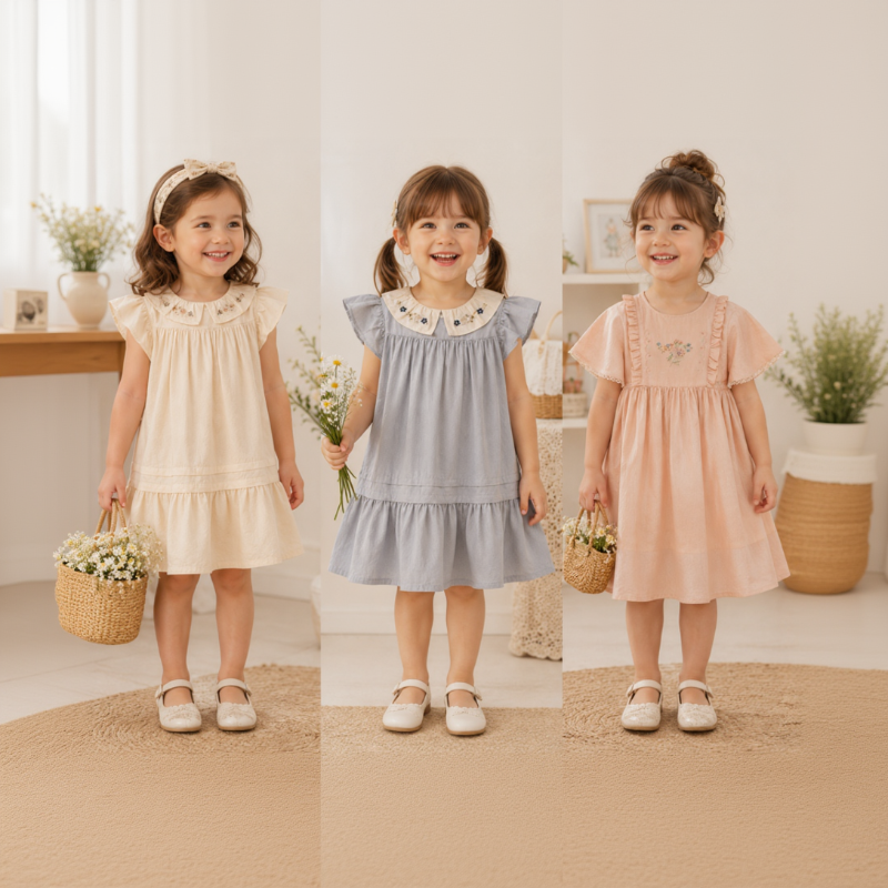 Three girls wearing cream, gray, and peach summer dresses with embroidered accents
