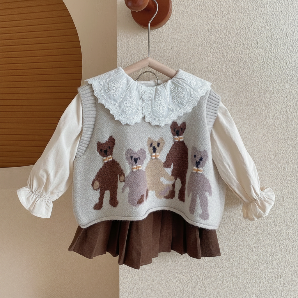 Girls' three-piece outfit with a white blouse, light animal-pattern knit vest and brown flared skirt
