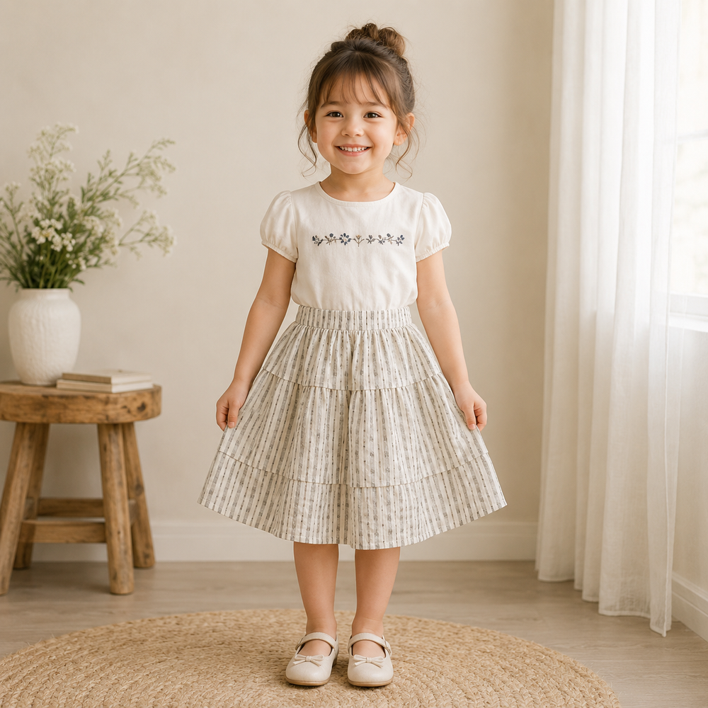Girl wearing a tiered striped skirt with a white T-shirt