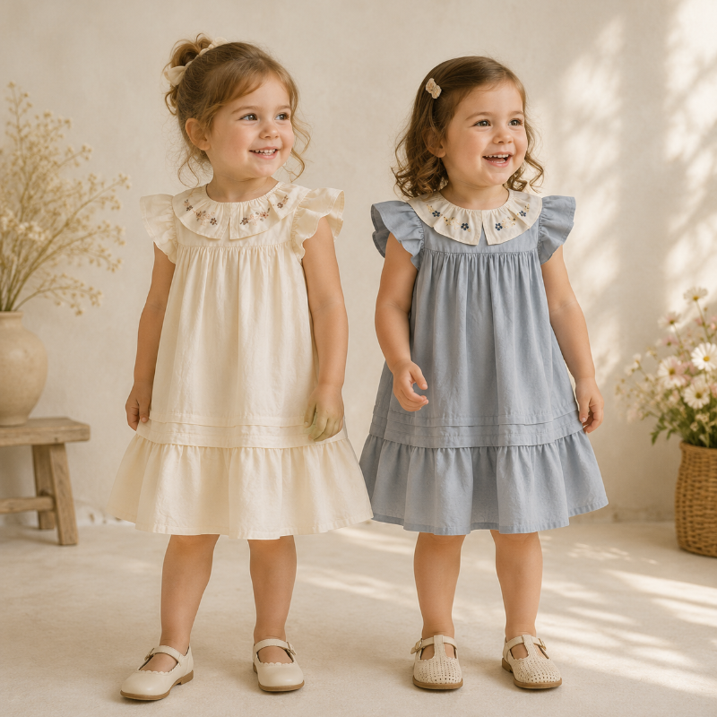 Two girls wearing apricot and blue flutter-sleeve dresses with embroidered collars
