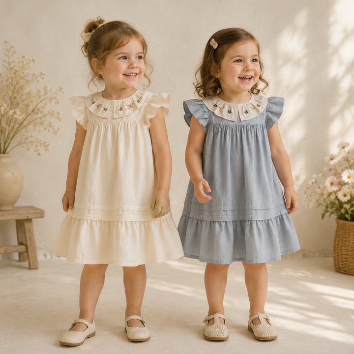 Two girls wearing apricot and blue flutter-sleeve dresses with embroidered collars