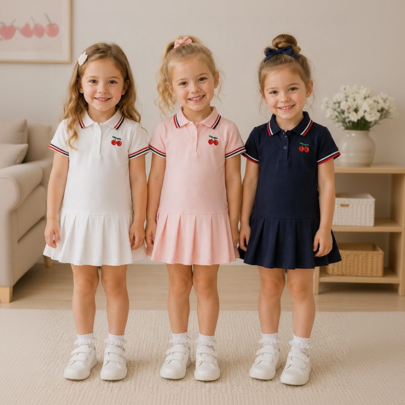 Three girls wearing white, pink and navy blue polo dresses with pleated skirts and cherry embroidery.