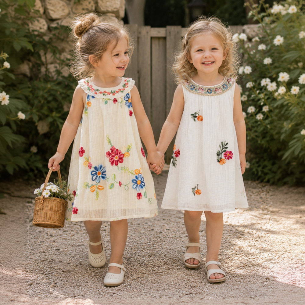 Two girls wearing cream floral dresses outdoors, one with bold blooms and one with small embroidered sprigs