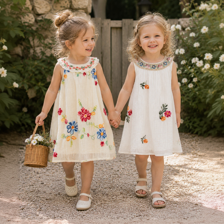 Two girls wearing cream floral dresses outdoors, one with bold blooms and one with small embroidered sprigs