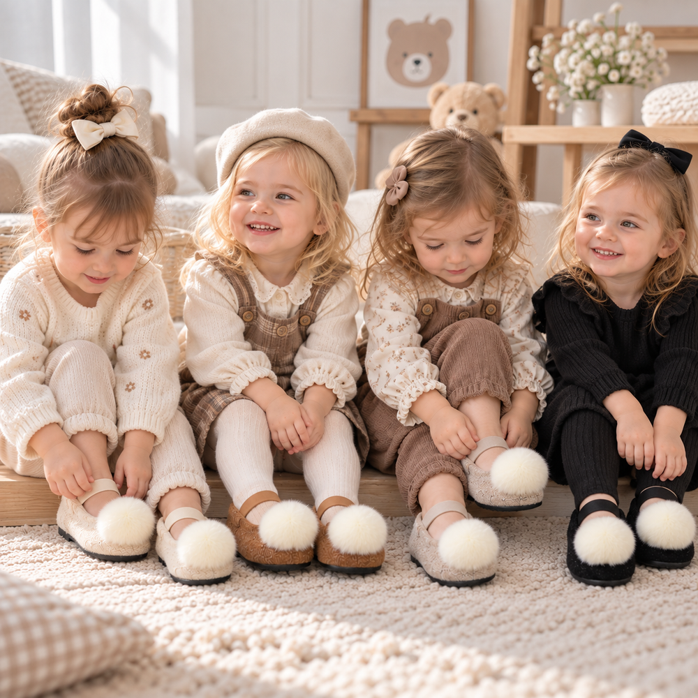 Four girls wearing pom-pom ballet flats with dresses and pants in a cozy room