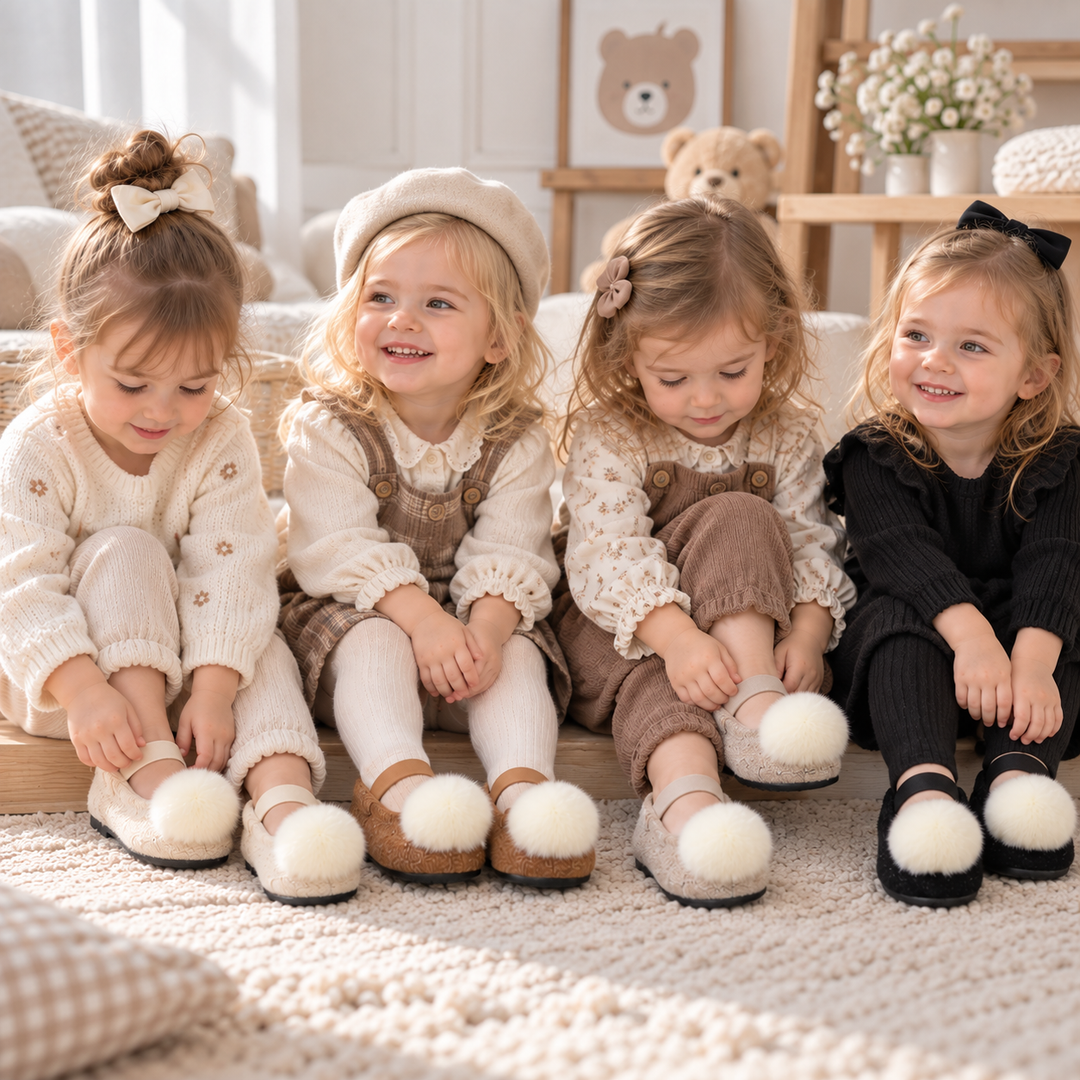 Four girls wearing pom-pom ballet flats with dresses and pants in a cozy room
