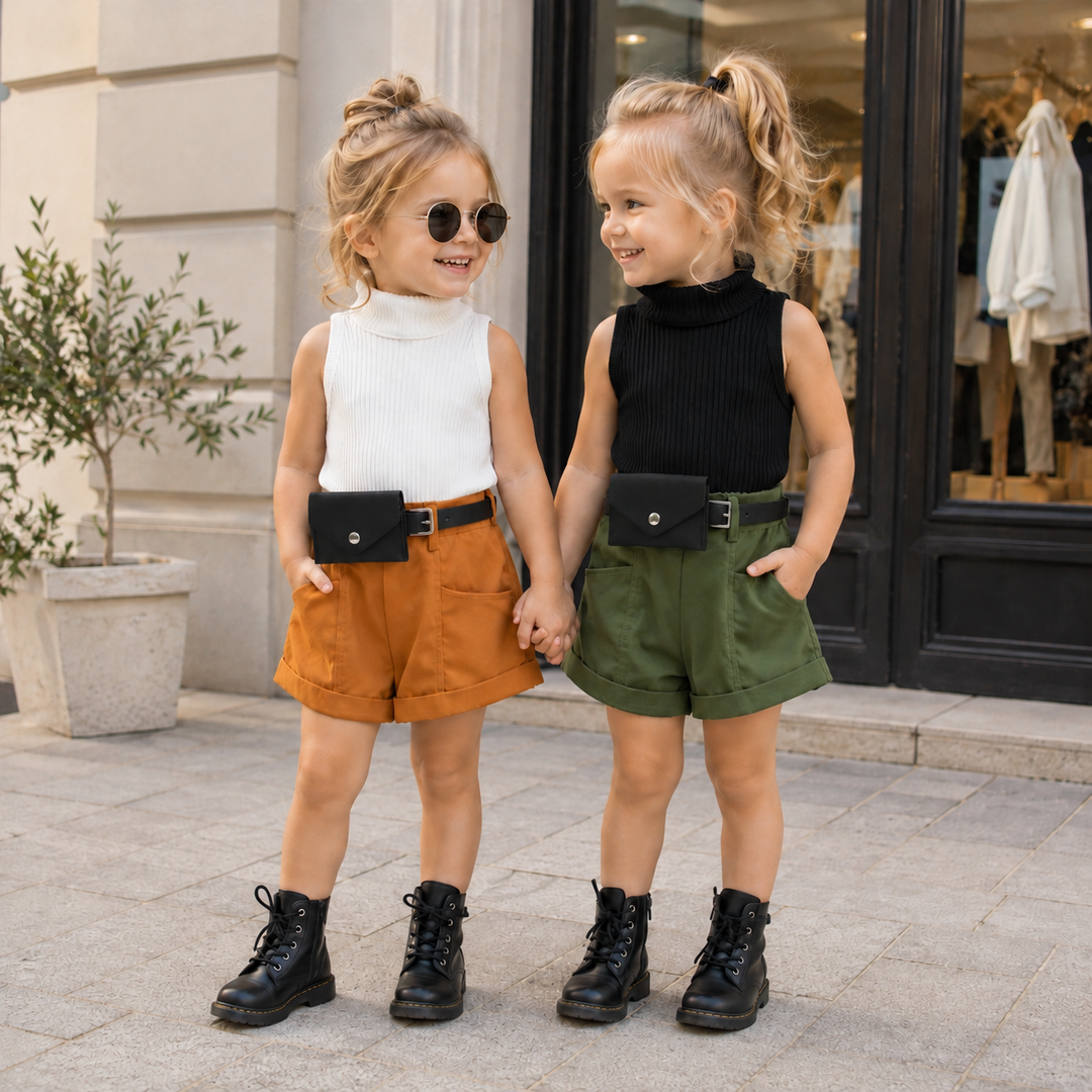 Two girls wearing the white and black outfit sets with shorts and waist bags outdoors.