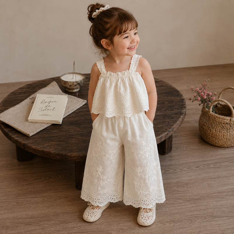 Girl wearing a white lace top and wide-leg pants with scalloped embroidered hems