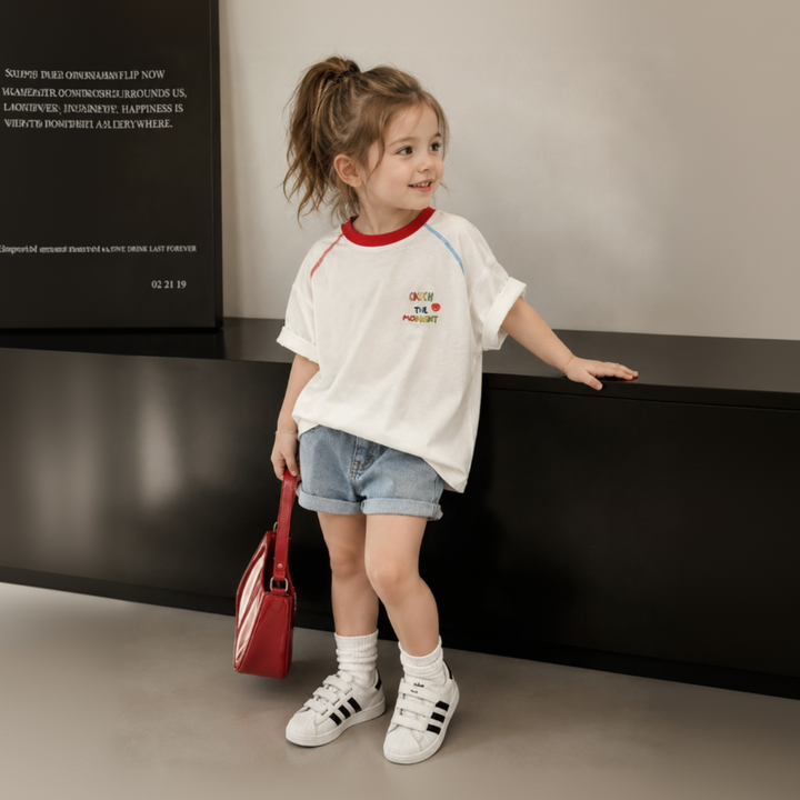 Front view of a girl wearing the relaxed white graphic T-shirt with denim shorts