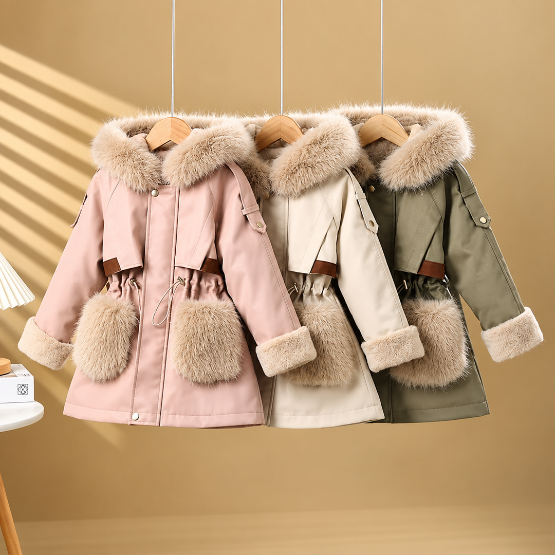 Pink, white and green girls' winter coats with plush collars, cuffs and front pockets