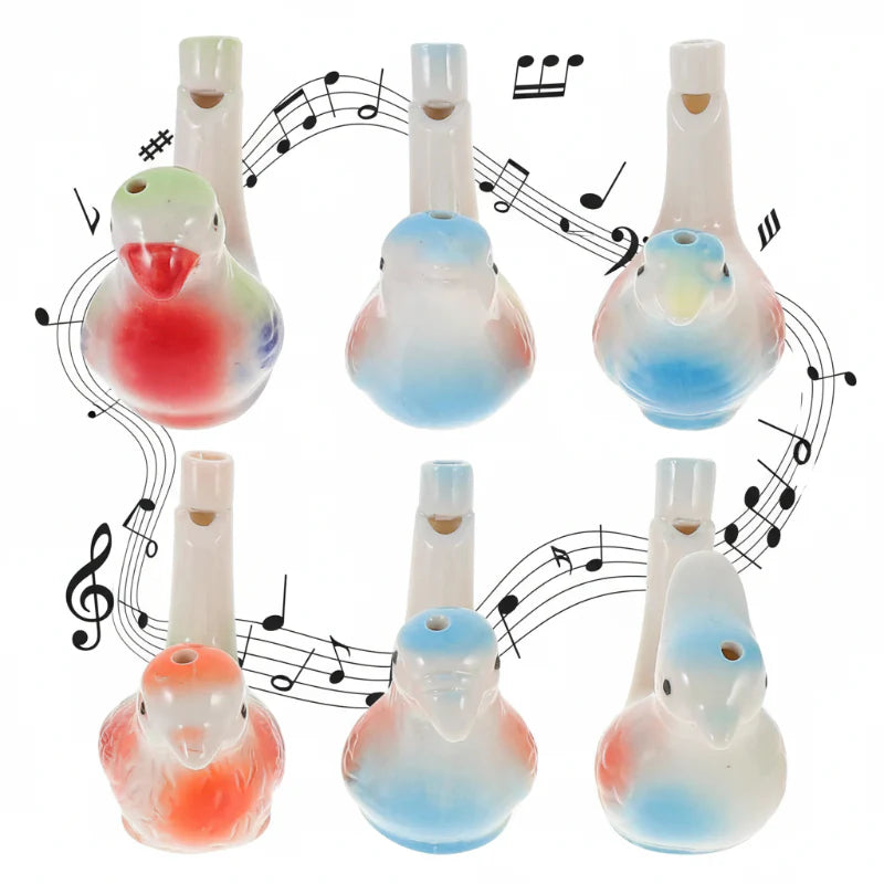 Front view of six colorful ceramic bird whistles with upright mouthpieces