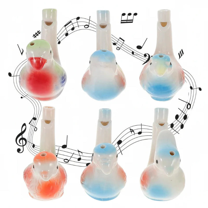 Front view of six colorful ceramic bird whistles with upright mouthpieces