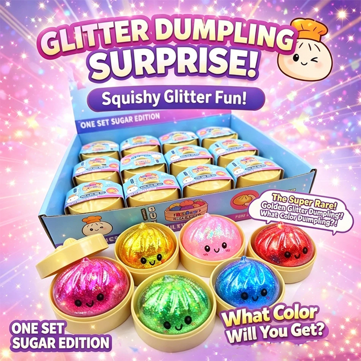 Colorful glitter dumpling squishies in steamer-style cases beside a display box