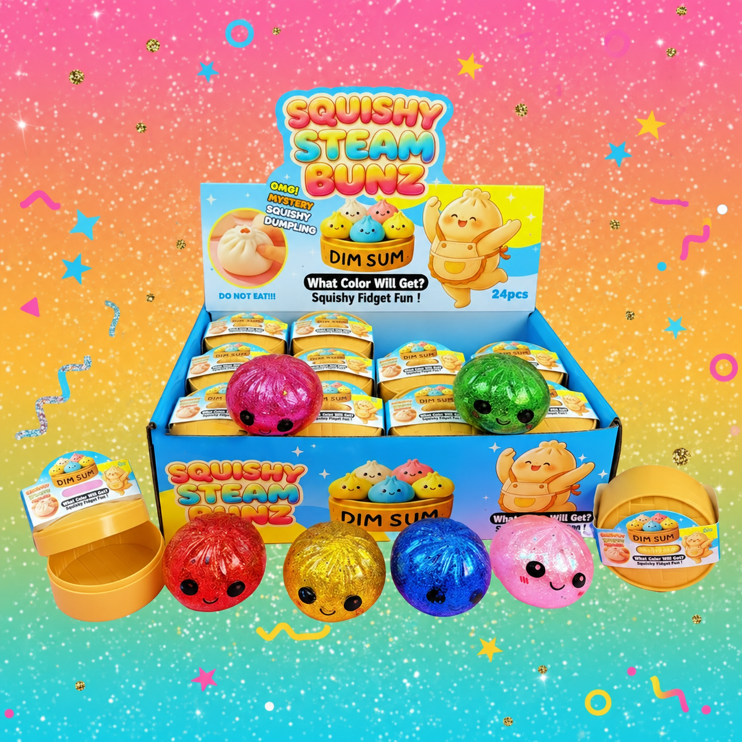 Display box of packaged glitter dumpling squishies with colorful toys arranged in front